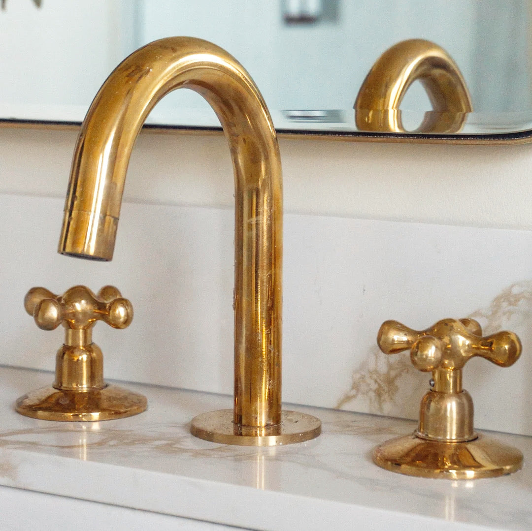 Unlacquered Brass Bathroom Faucet - 3 Holes Widespread Deck Mounted Tap