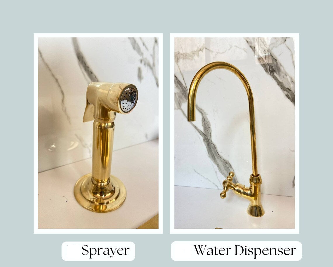Unlacquered Solid Brass Bridge Faucet, Vintage Kitchen Sink Tap
