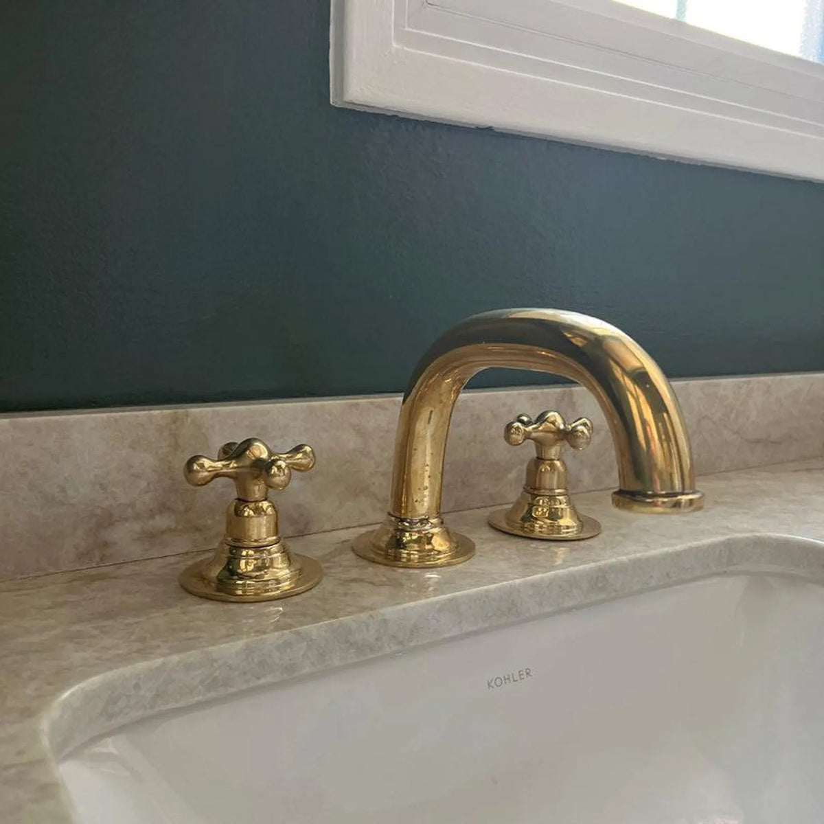 Widespread 3 Holes Solid Unlacquered Brass Faucet, Antique Brass Bathroom Tap
