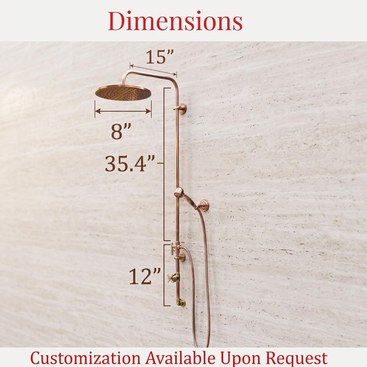 Unlacquered Solid Copper Outdoor System Shower, With or without Handheld.