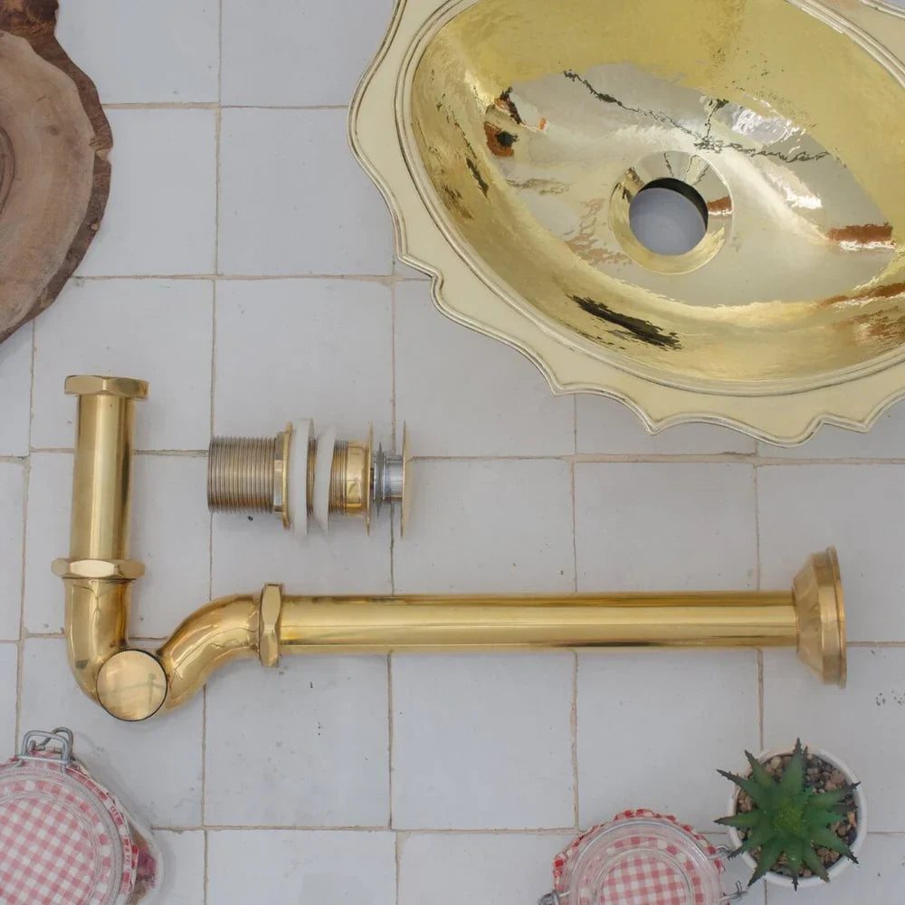 Solid Unlacquered Brass S-trap and Sink Stopper, Push Up Button, Pop Up Drain, Brass Water Trap