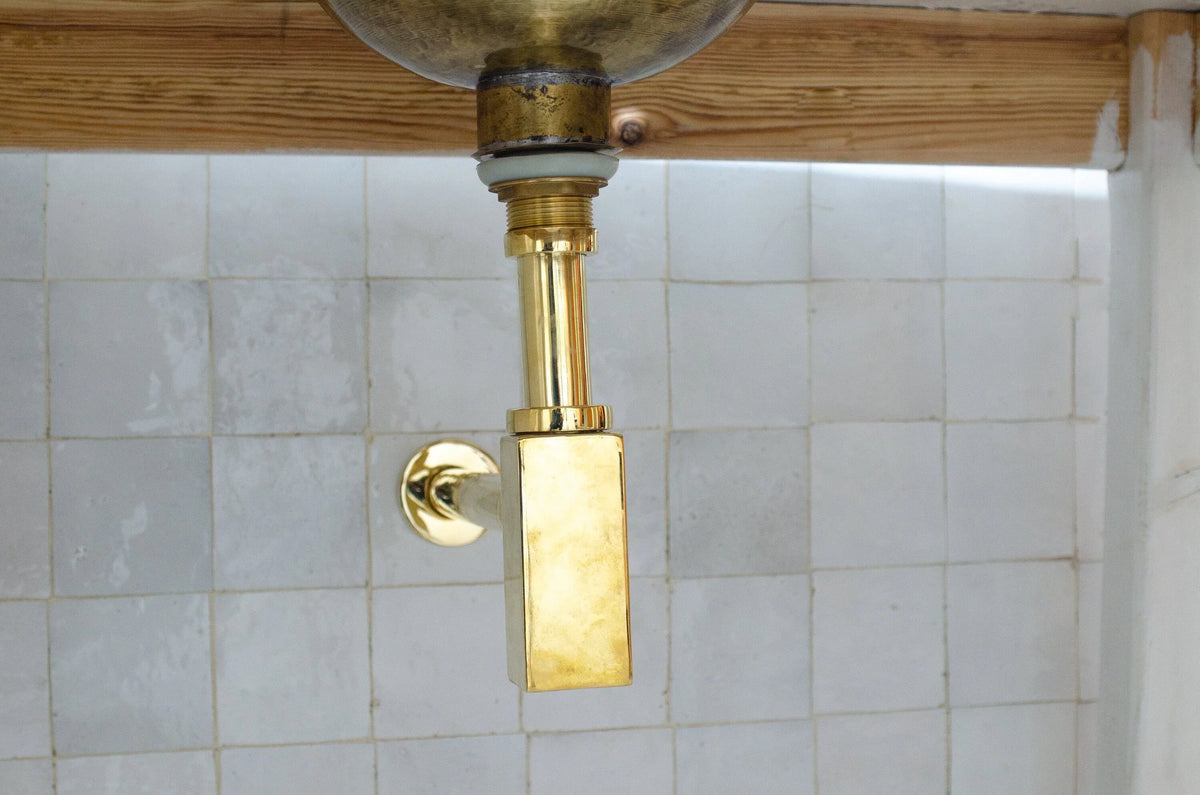 Solid Unlacquered Brass P-trap and Sink Stopper, Push Up Button, Pop Up Drain, Brass Water Trap