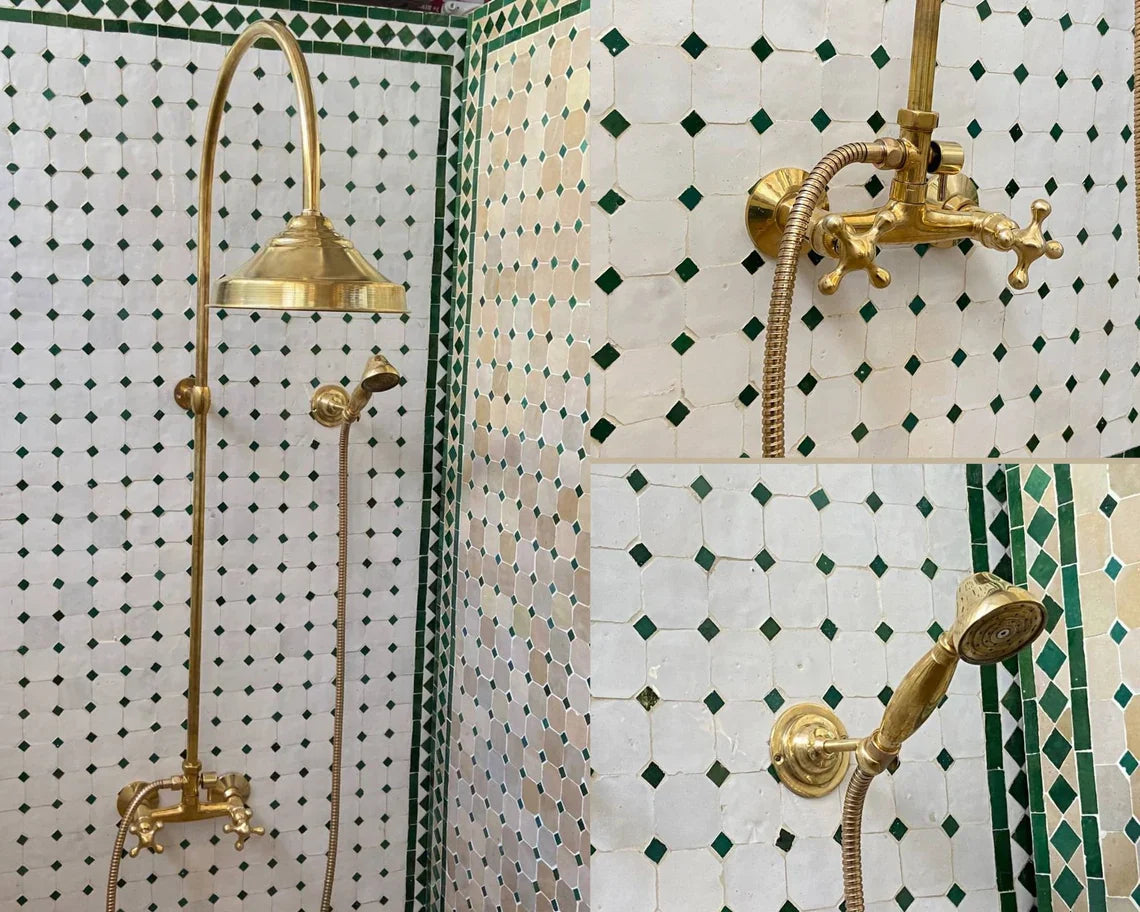 Unlacquered Solid Brass Exposed Shower System with Handheld and Curved Shower Arm
