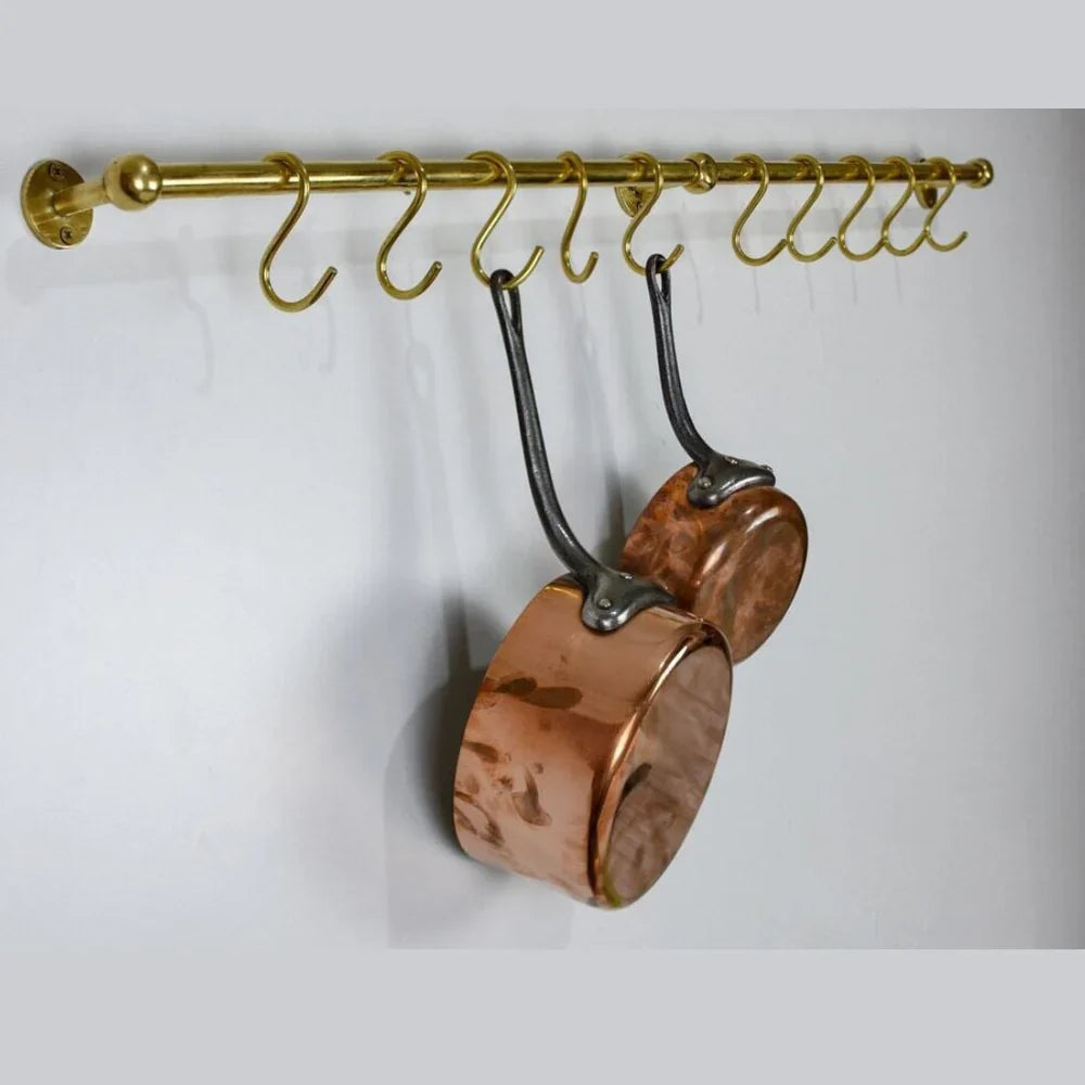 Solid Brass Pot Rail With Hooks, Unlacquered Brass Kitchen Pot Rack, Pot Hangers