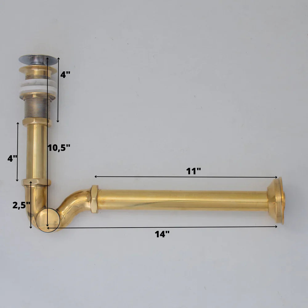 Solid Unlacquered Brass S-trap and Sink Stopper, Push Up Button, Pop Up Drain, Brass Water Trap