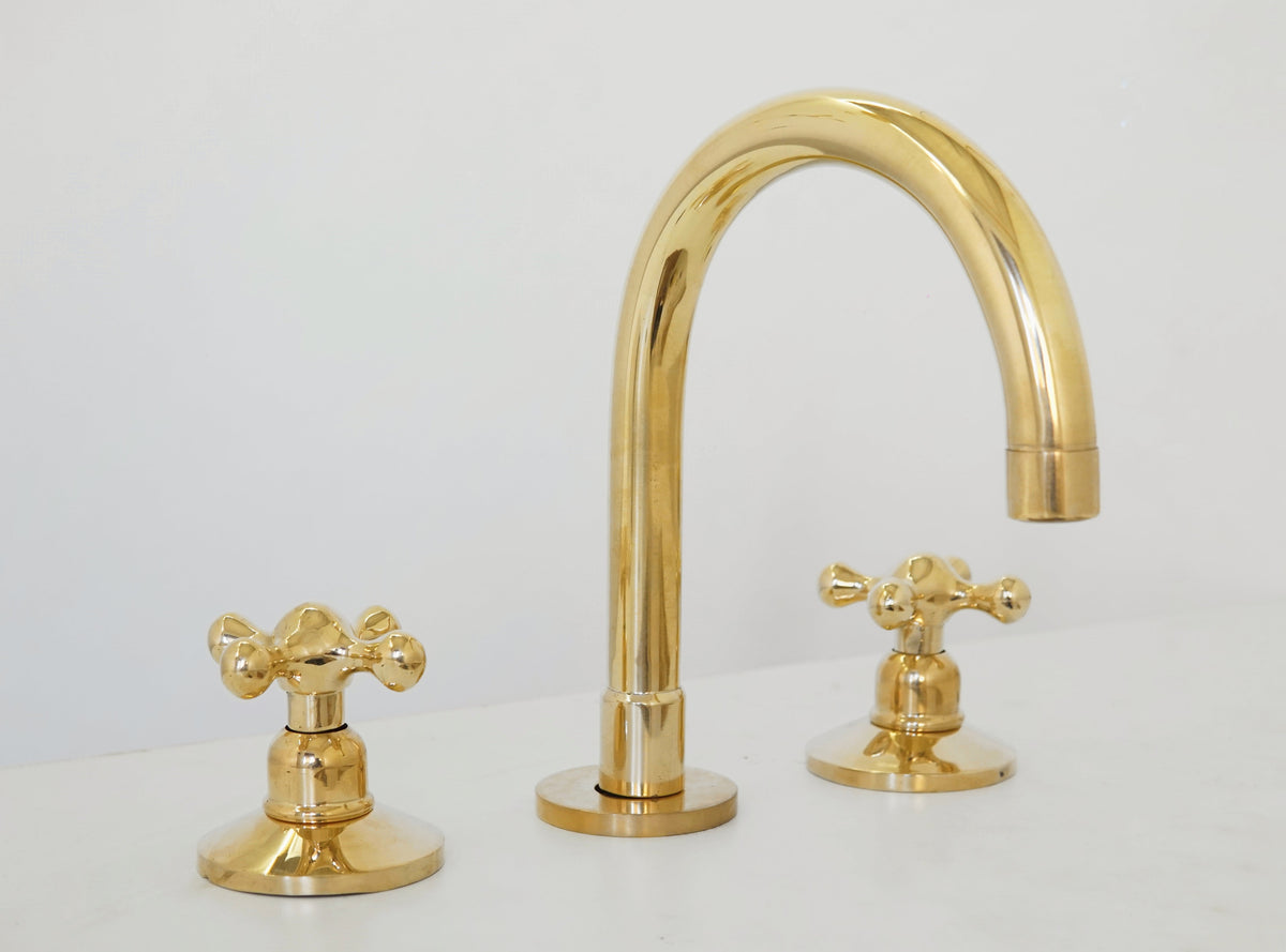 Unlacquered Brass Bathroom Faucet - 3 Holes Widespread Deck Mounted Tap