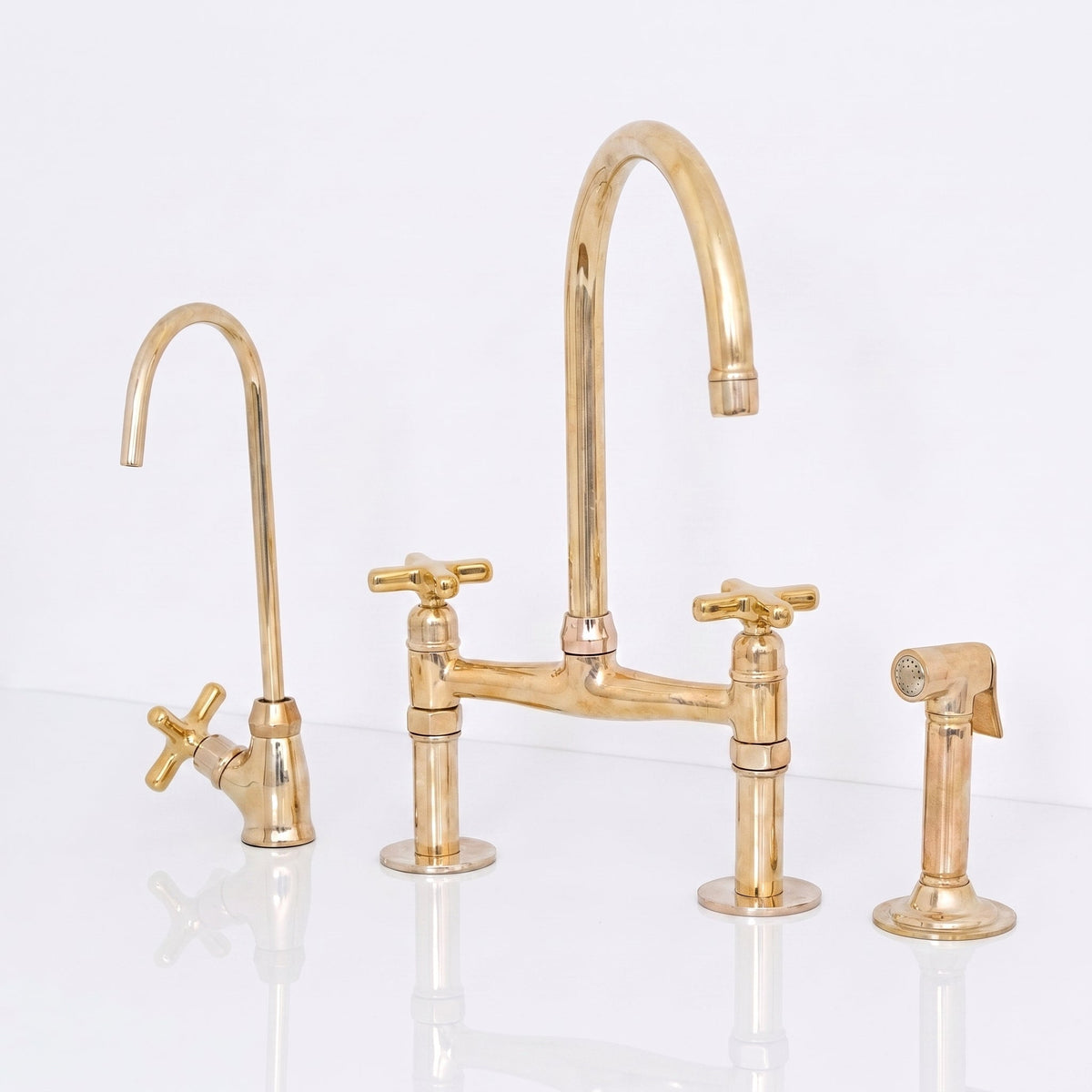 Unlacquered Brass Bridge Kitchen Faucet - Solid Brass Kitchen Tap