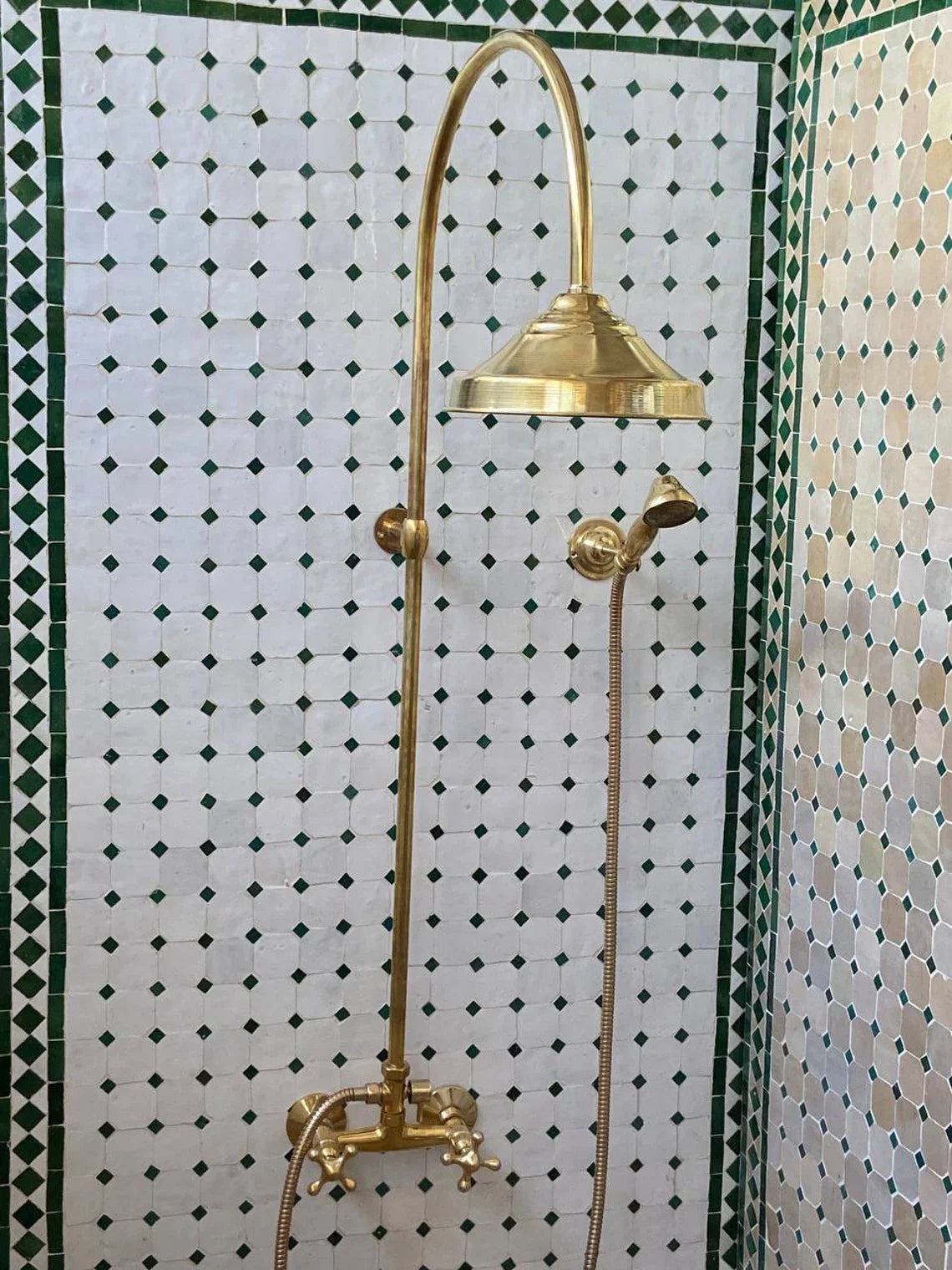 Unlacquered Solid Brass Exposed Shower System with Handheld and Curved Shower Arm