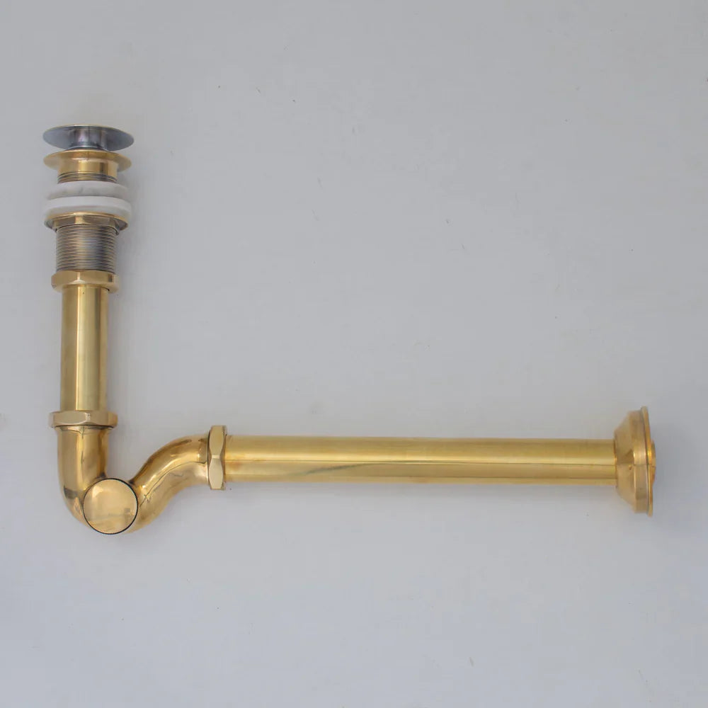 Solid Unlacquered Brass S-trap and Sink Stopper, Push Up Button, Pop Up Drain, Brass Water Trap