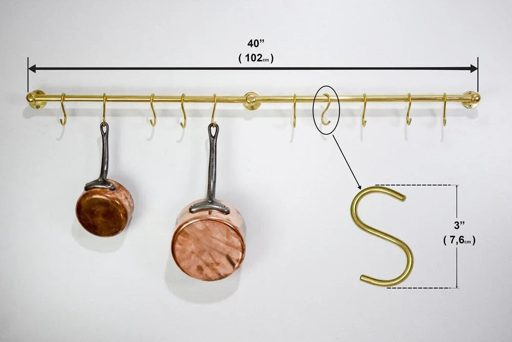 Solid Brass Pot Rail With Hooks, Unlacquered Brass Kitchen Pot Rack, Pot Hangers