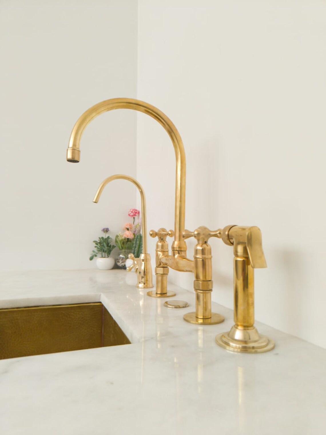Unlacquered Solid Brass Bridge Faucet, Vintage Kitchen Sink Tap