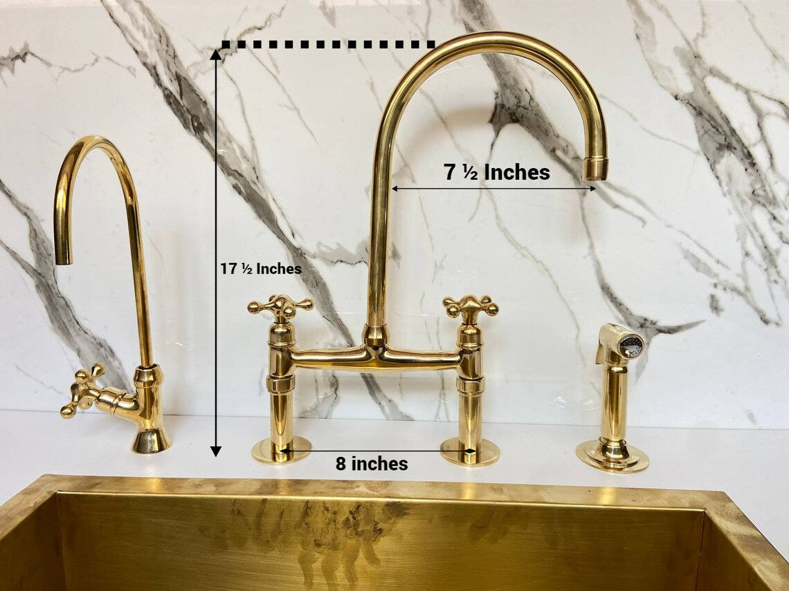 Unlacquered Solid Brass Bridge Faucet, Vintage Kitchen Sink Tap