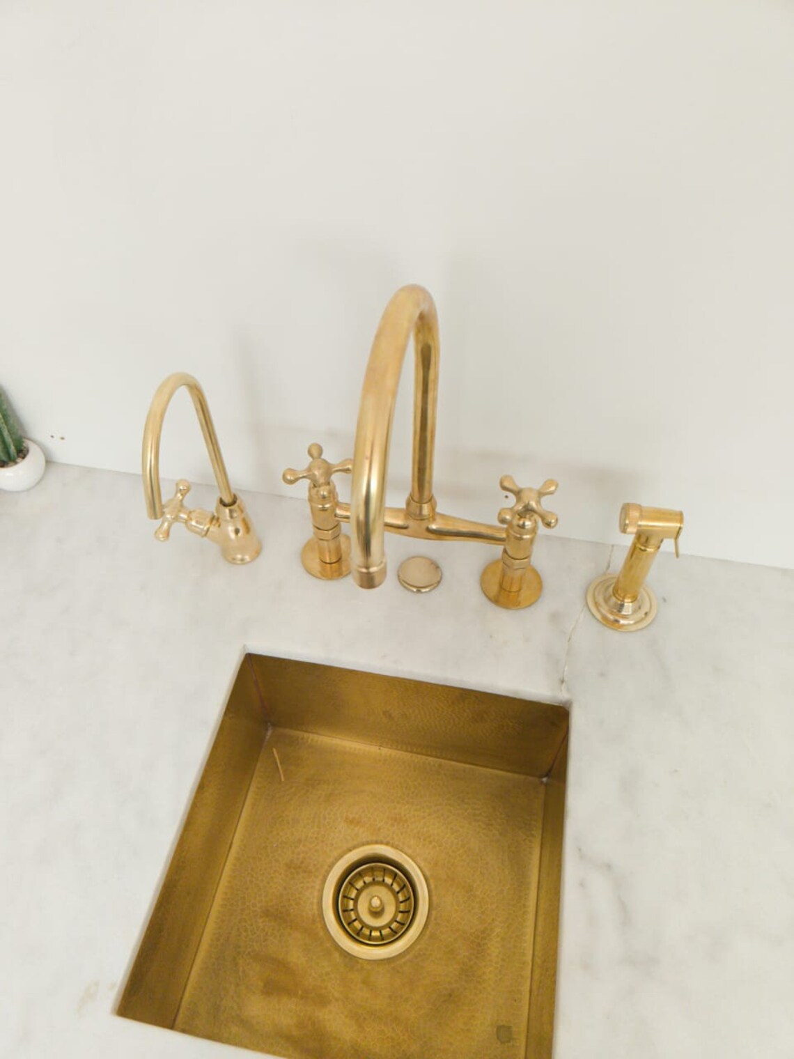 Unlacquered Solid Brass Bridge Faucet, Vintage Kitchen Sink Tap