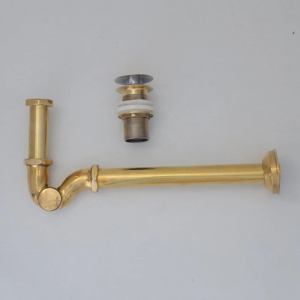Solid Unlacquered Brass S-trap and Sink Stopper, Push Up Button, Pop Up Drain, Brass Water Trap