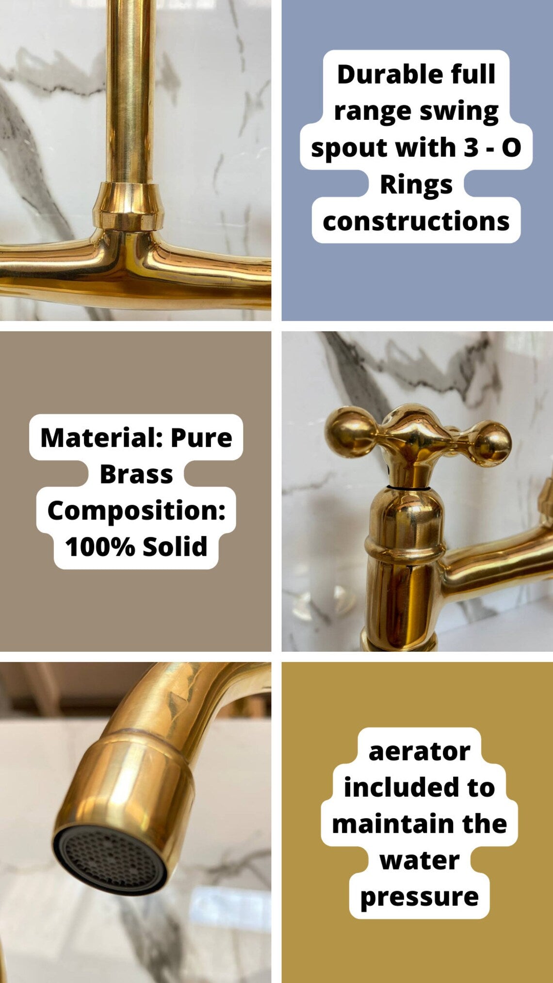 Unlacquered Solid Brass Bridge Faucet, Vintage Kitchen Sink Tap