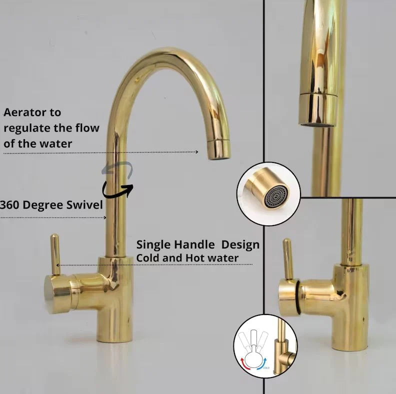 Unlacquered Brass Single Hole Basin Faucet, Solid Brass Sink Mixer Tap, Bar Prep Faucet