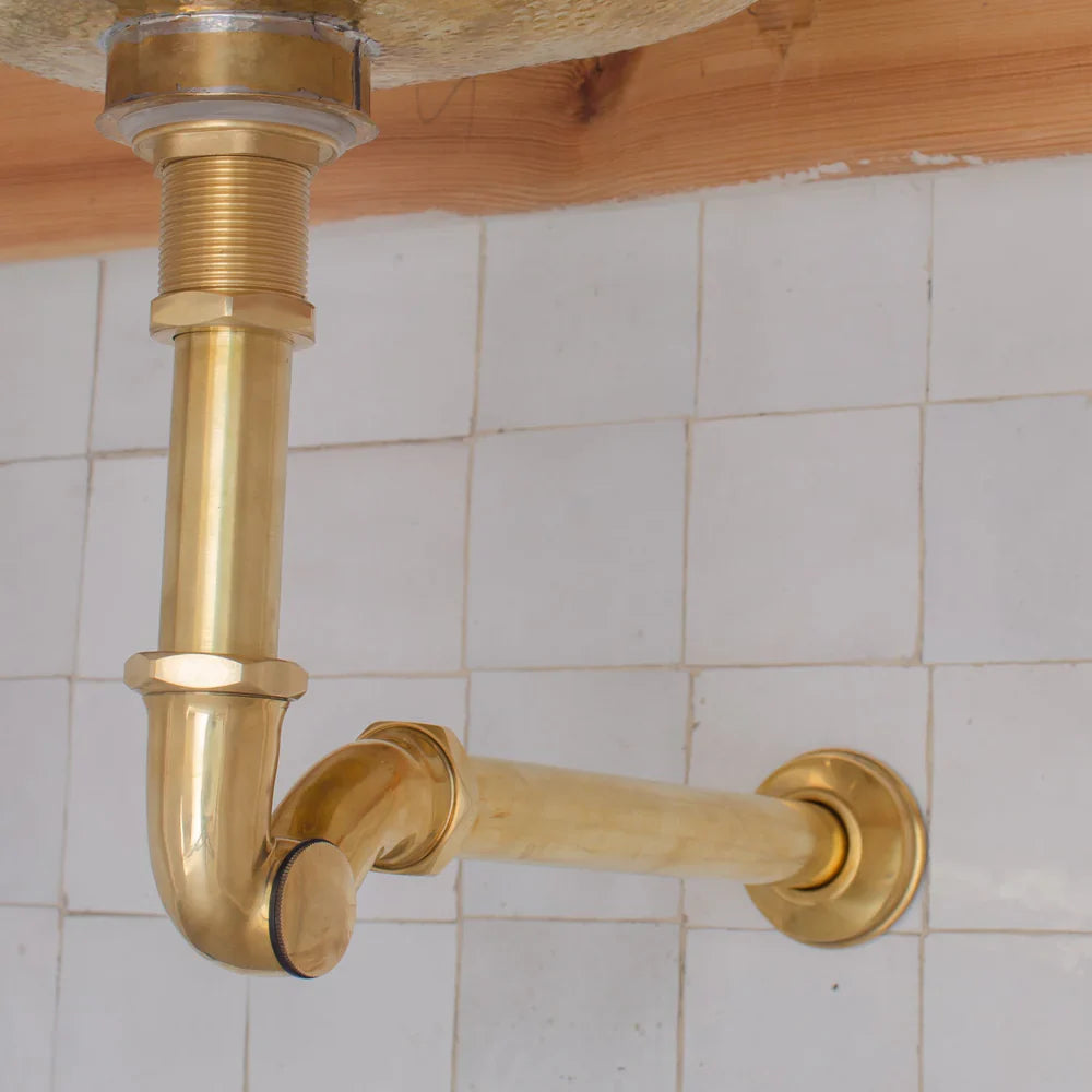 Solid Unlacquered Brass S-trap and Sink Stopper, Push Up Button, Pop Up Drain, Brass Water Trap
