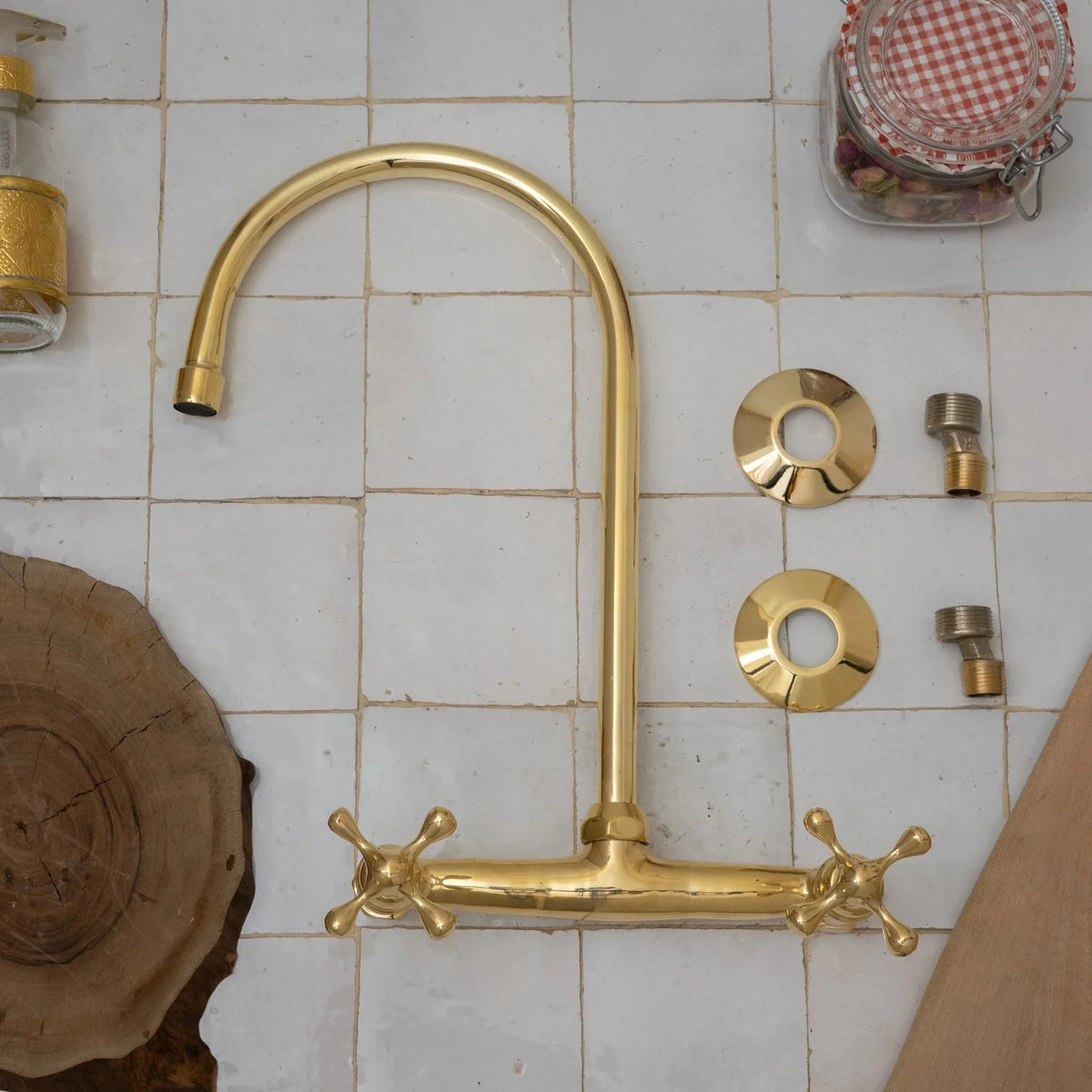 Unlacquered Brass Kitchen Wall Mount Faucet, Gooseneck Faucet