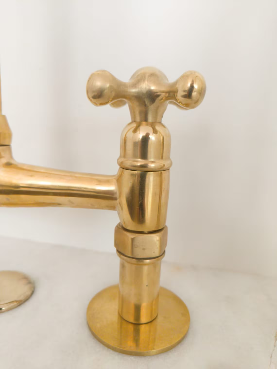 Unlacquered Solid Brass Bridge Faucet, Vintage Kitchen Sink Tap
