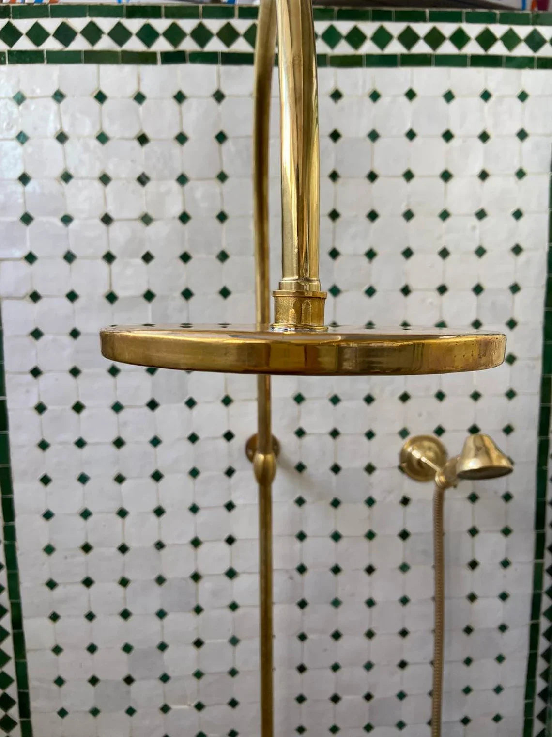 Unlacquered Solid Brass Exposed Shower System with Handheld and Curved Shower Arm