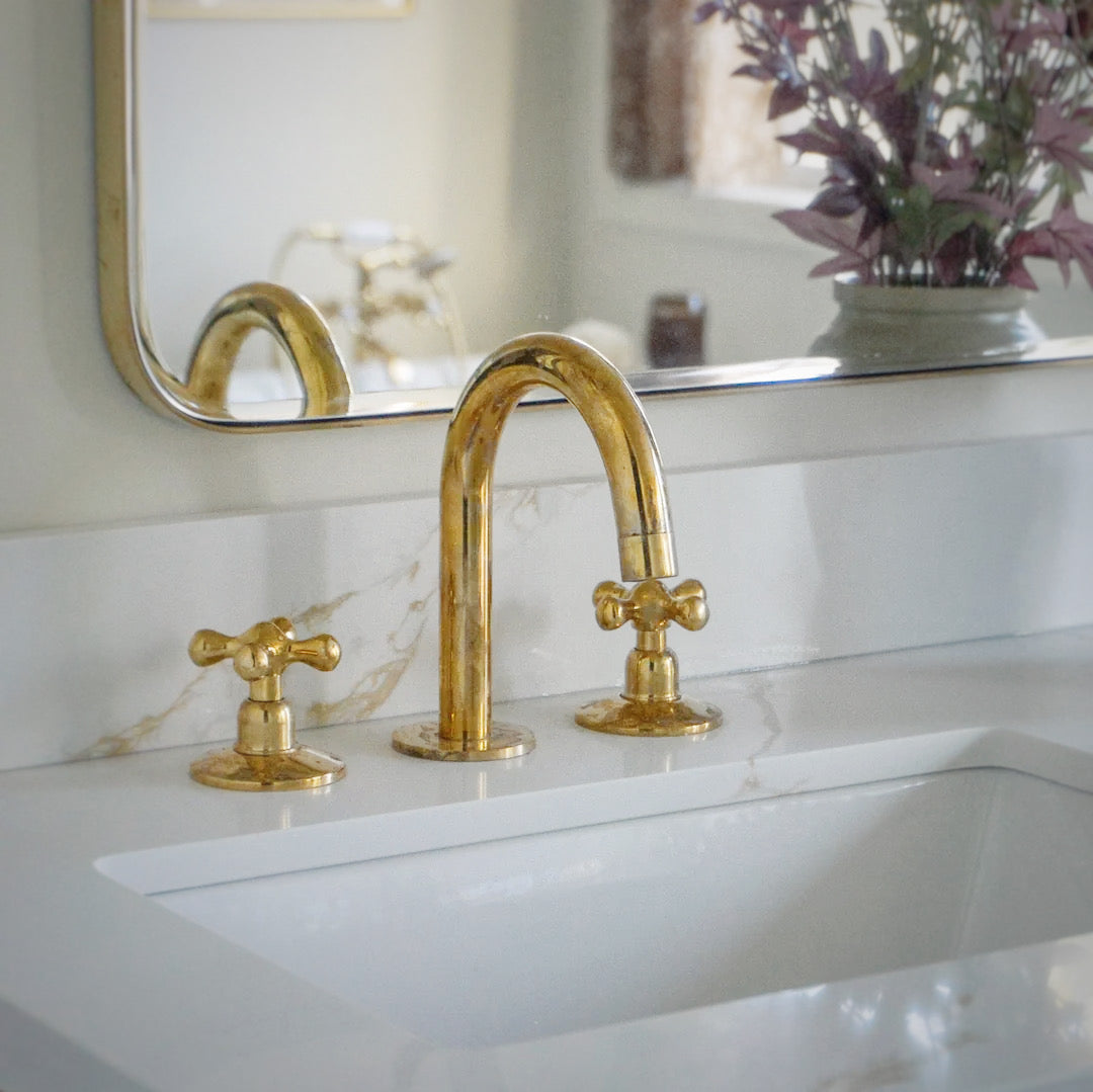 Unlacquered Brass Bathroom Faucet - 3 Holes Widespread Deck Mounted Tap