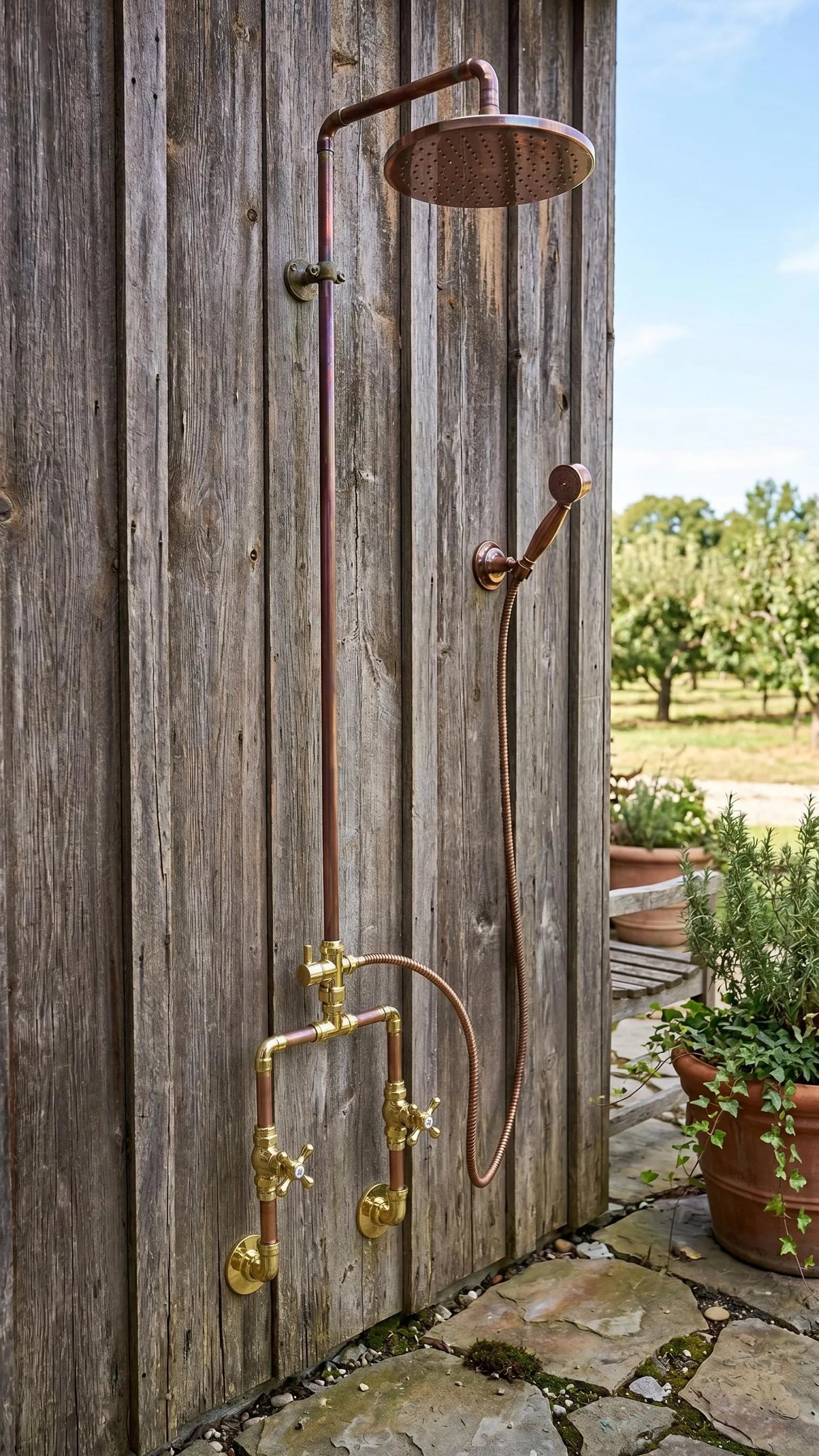 Rustic outdoor shower system with a round overhead shower head, handheld shower hose, and brass valves mounted on a weathered wooden wall beside a stone patio.
