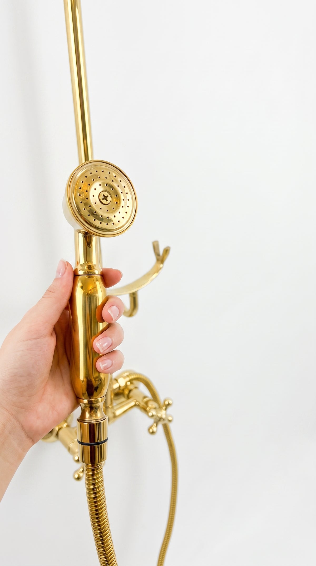 Unlacquered Brass Shower System With Rain Shower Head and Handheld.