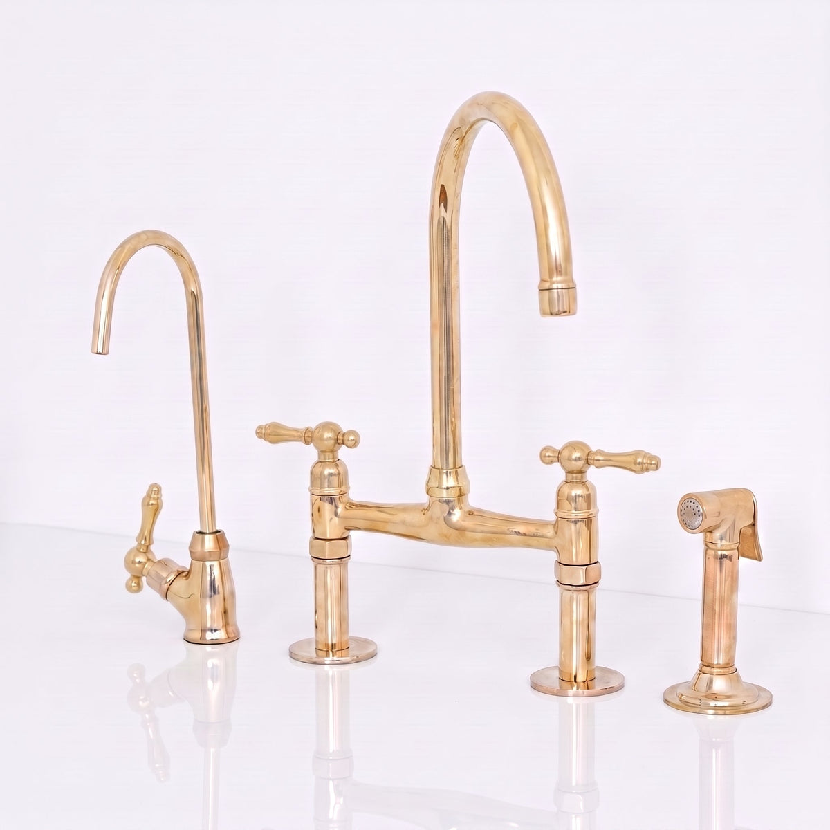 Unlacquered Brass Bridge Kitchen Faucet - Solid Brass Kitchen Tap
