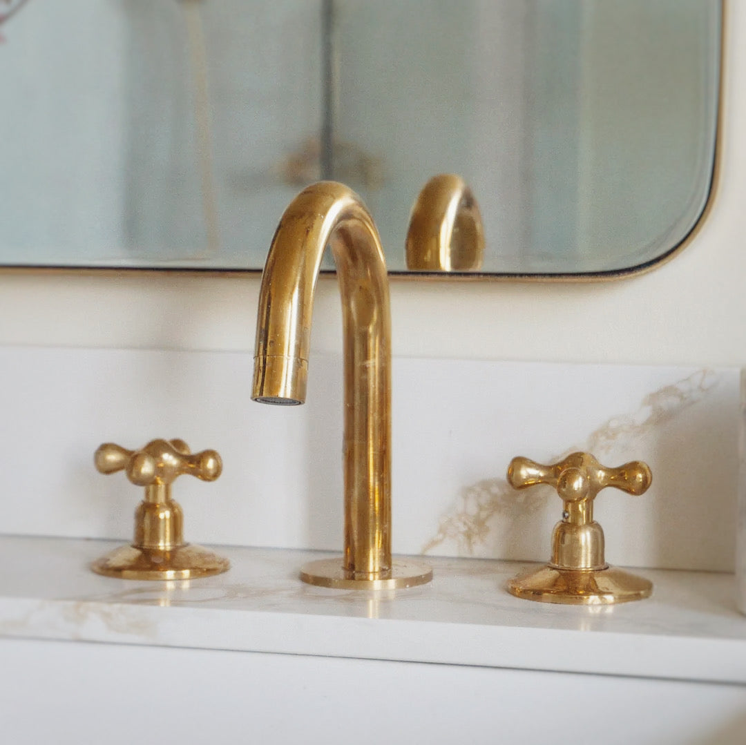 Unlacquered Brass Bathroom Faucet - 3 Holes Widespread Deck Mounted Tap