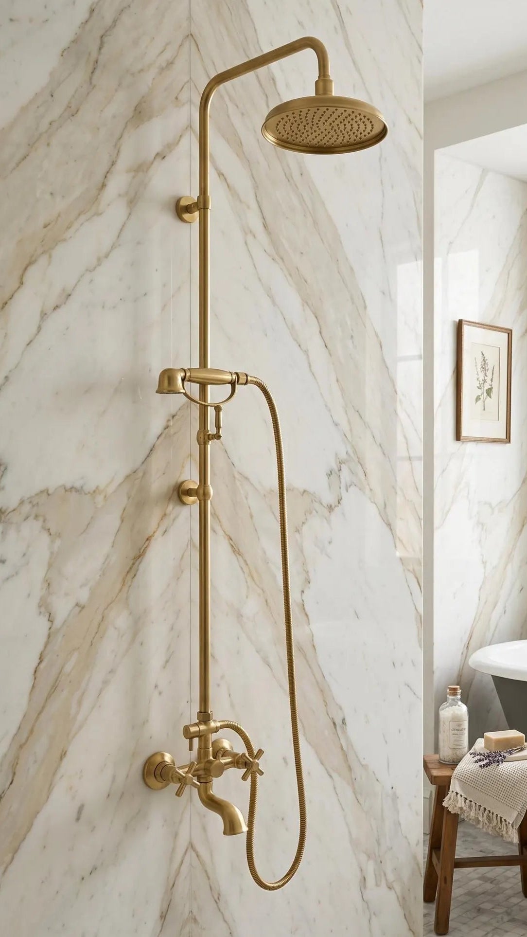 Gold shower system mounted on a marble wall with a bathtub and window in the background.