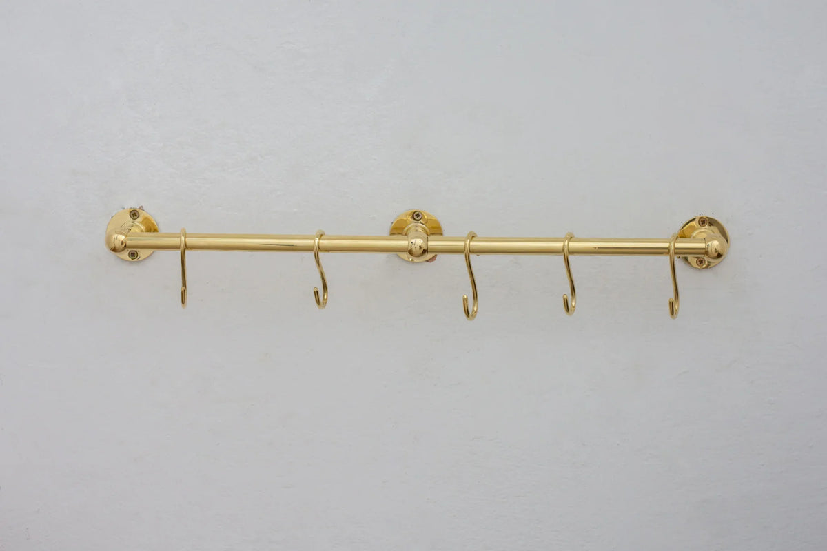 Solid Brass Pot Rail With Hooks, Unlacquered Brass Kitchen Pot Rack, Pot Hangers