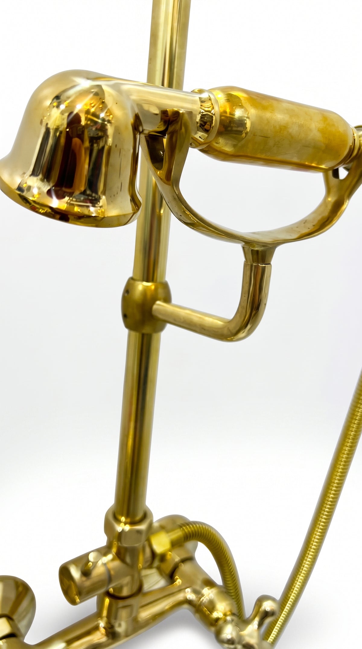 Unlacquered Brass Shower System With Rain Shower Head and Handheld.