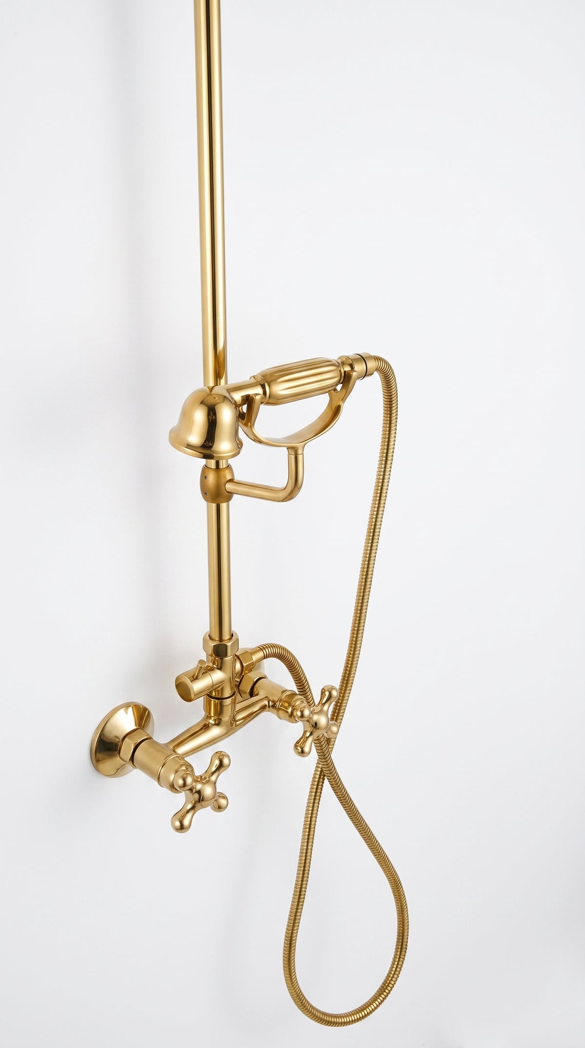 Unlacquered Brass Shower System With Rain Shower Head and Handheld.