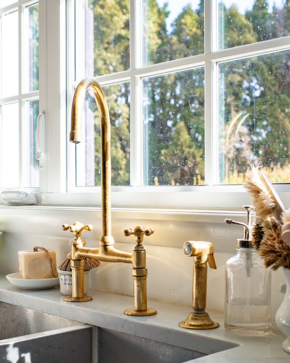 Unlacquered Brass Bridge Faucet, Solid Brass Kitchen Tap
