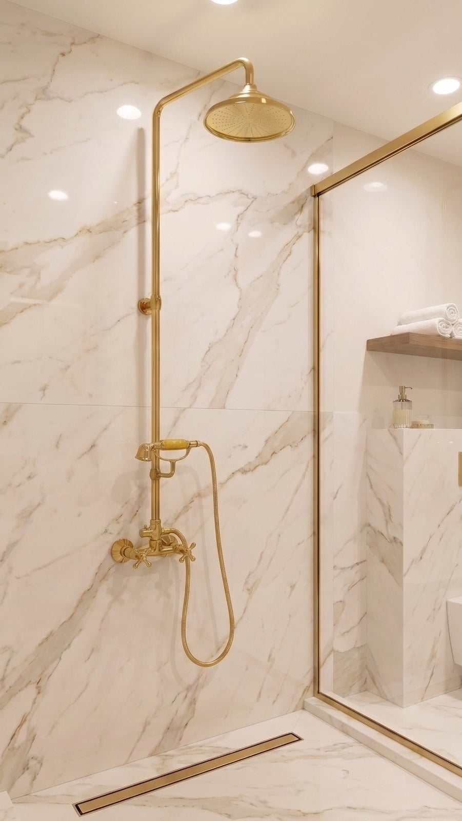 A luxury bathroom featuring a modern walk-in shower with a matte gold brass shower fixture, matching gold drain, and a glass sliding door with a gold frame, set against a beige and white marble tiled wall.