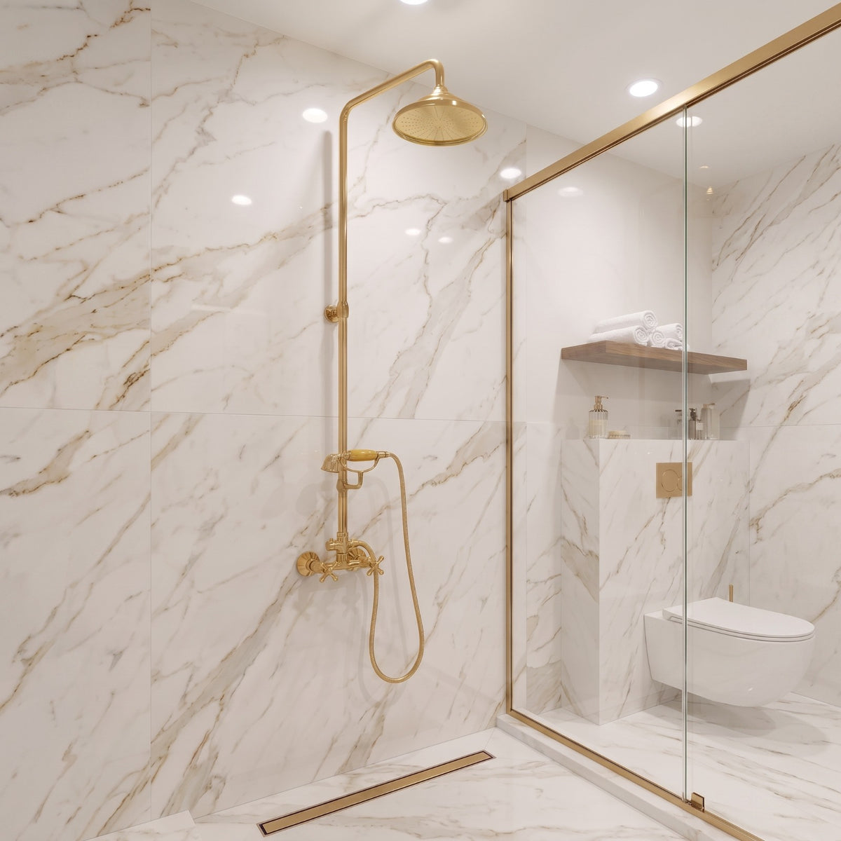 Unlacquered Brass Shower System With Rain Shower Head and Handheld.