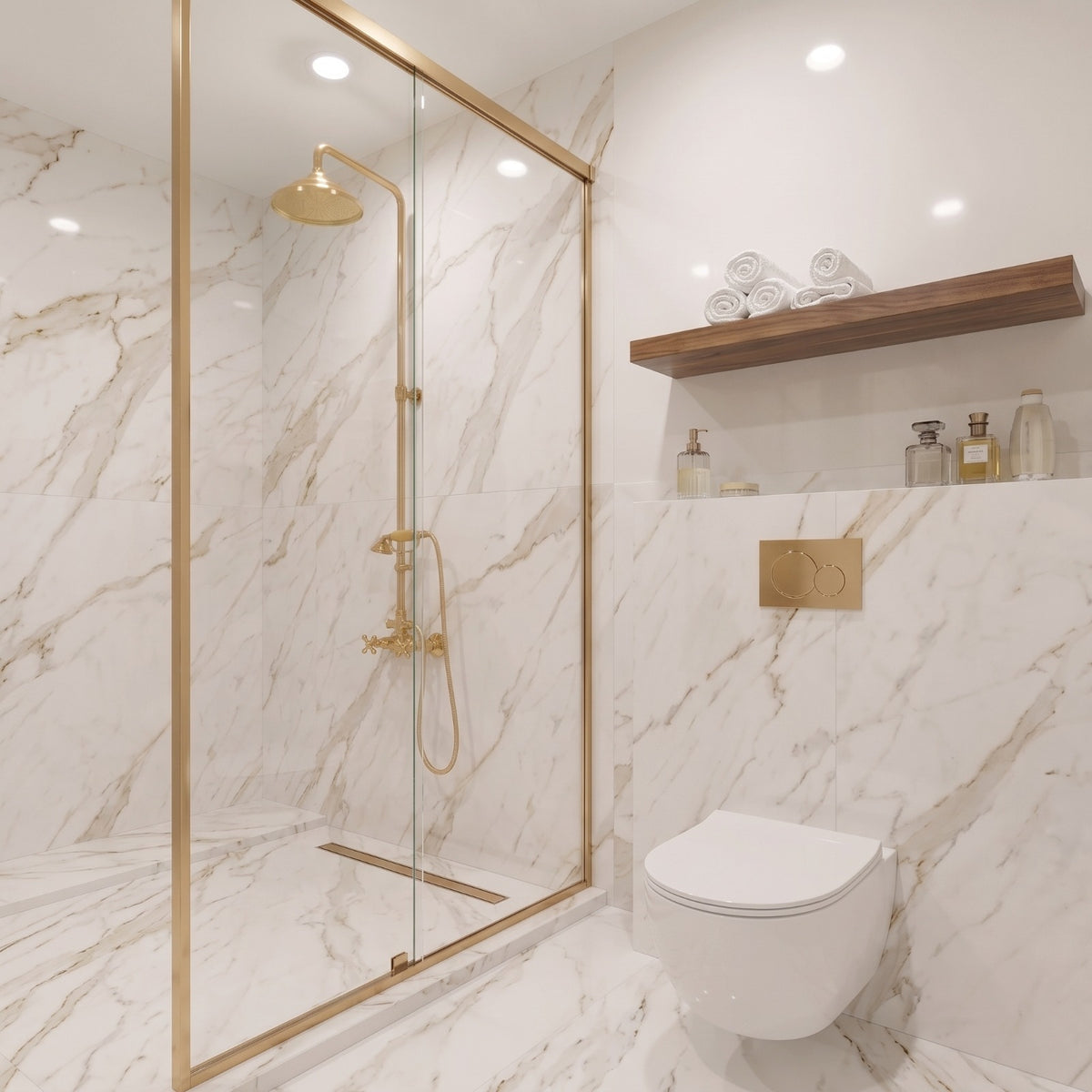 Unlacquered Brass Shower System With Rain Shower Head and Handheld.