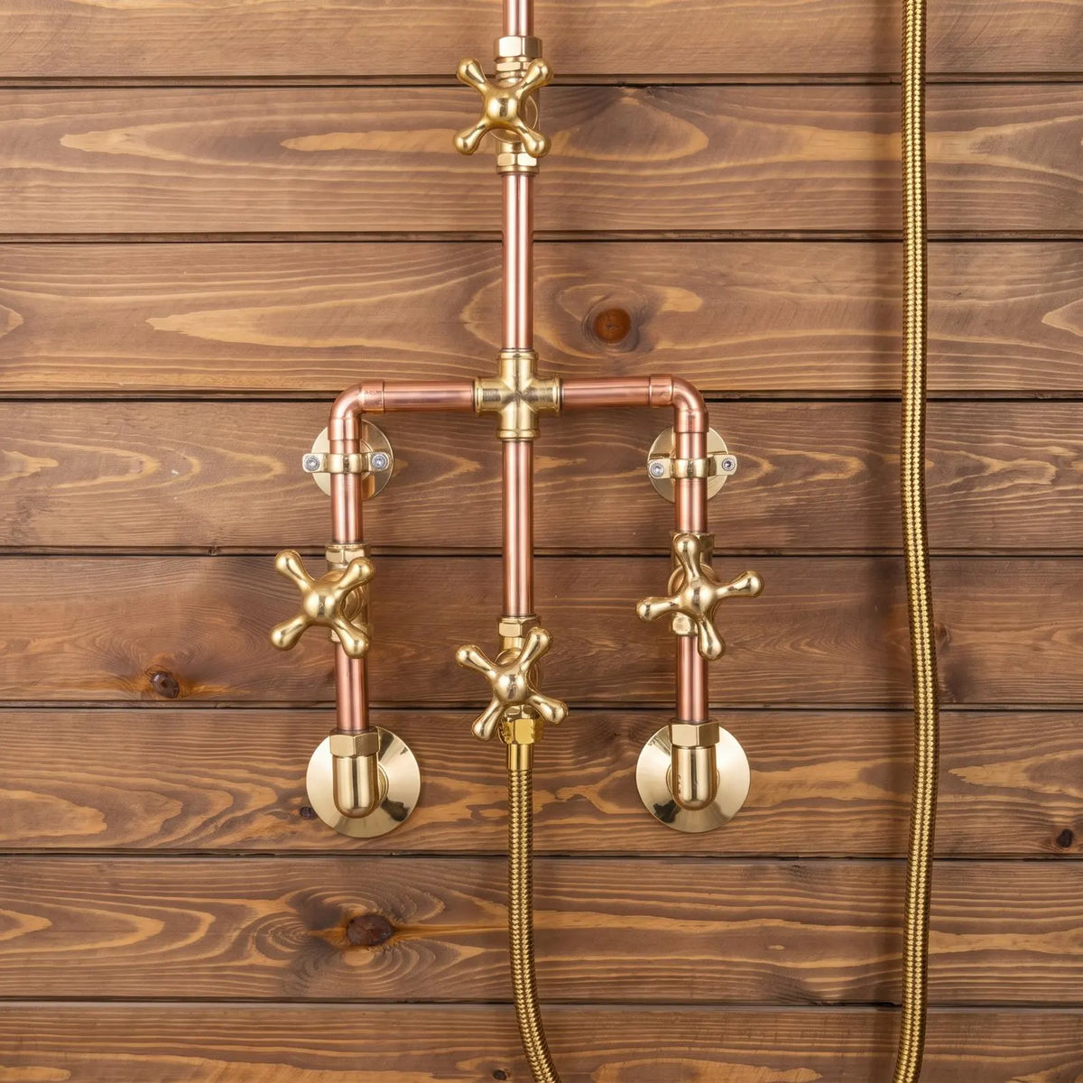 Unlacquered Solid Copper and Solid Brass Outdoor Shower System with Handheld.