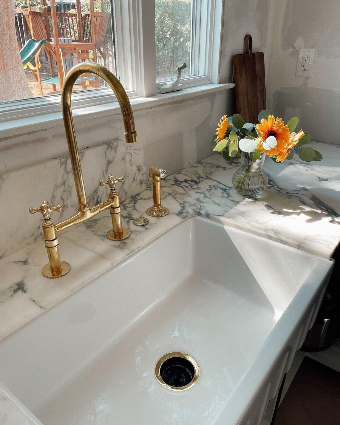 Unlacquered Solid Brass Bridge Faucet, Vintage Kitchen Sink Tap