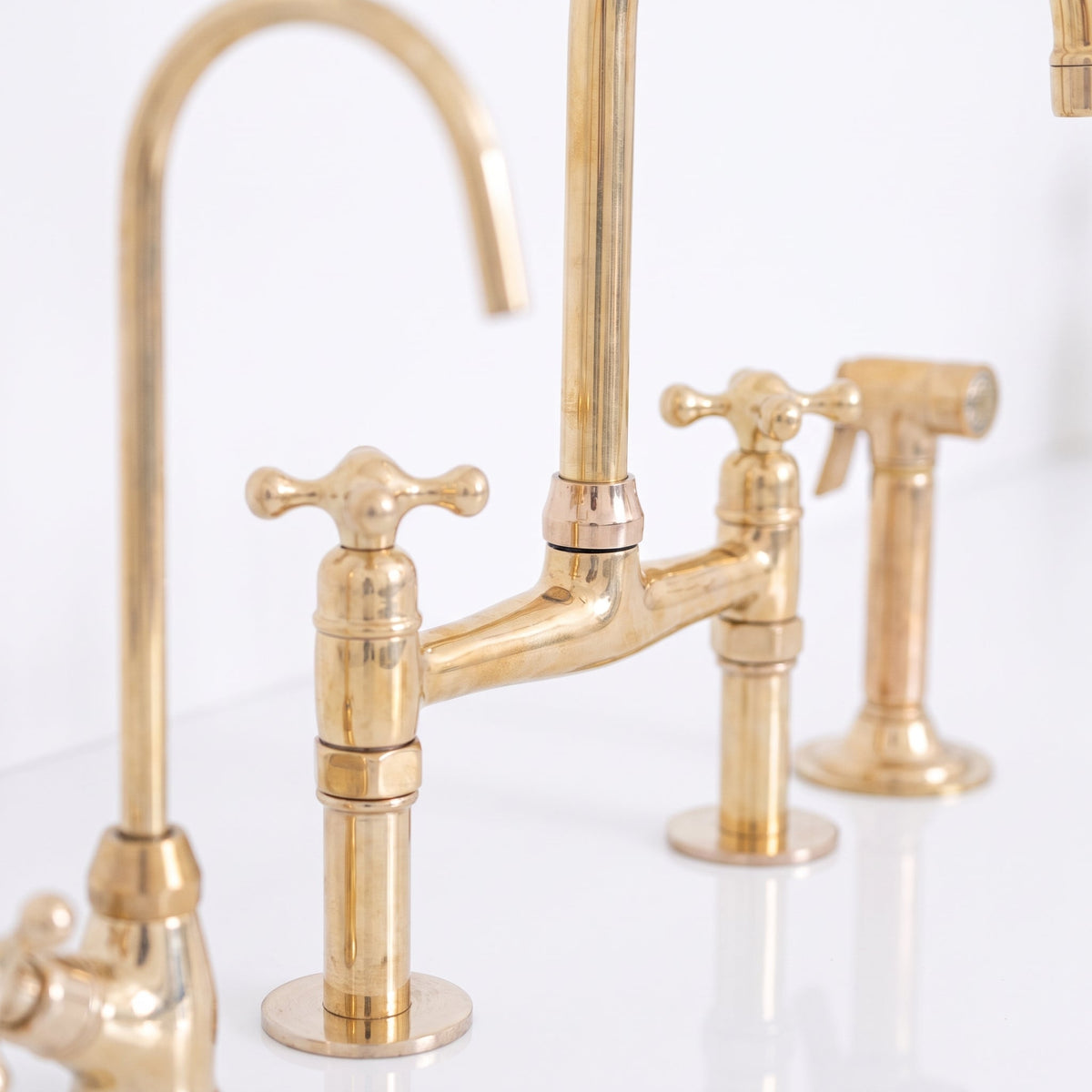 Unlacquered Brass Bridge Kitchen Faucet - Solid Brass Kitchen Tap