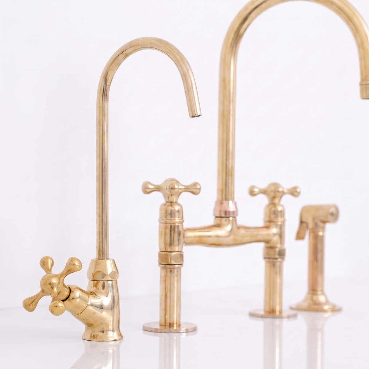 Unlacquered Brass Bridge Kitchen Faucet - Solid Brass Kitchen Tap