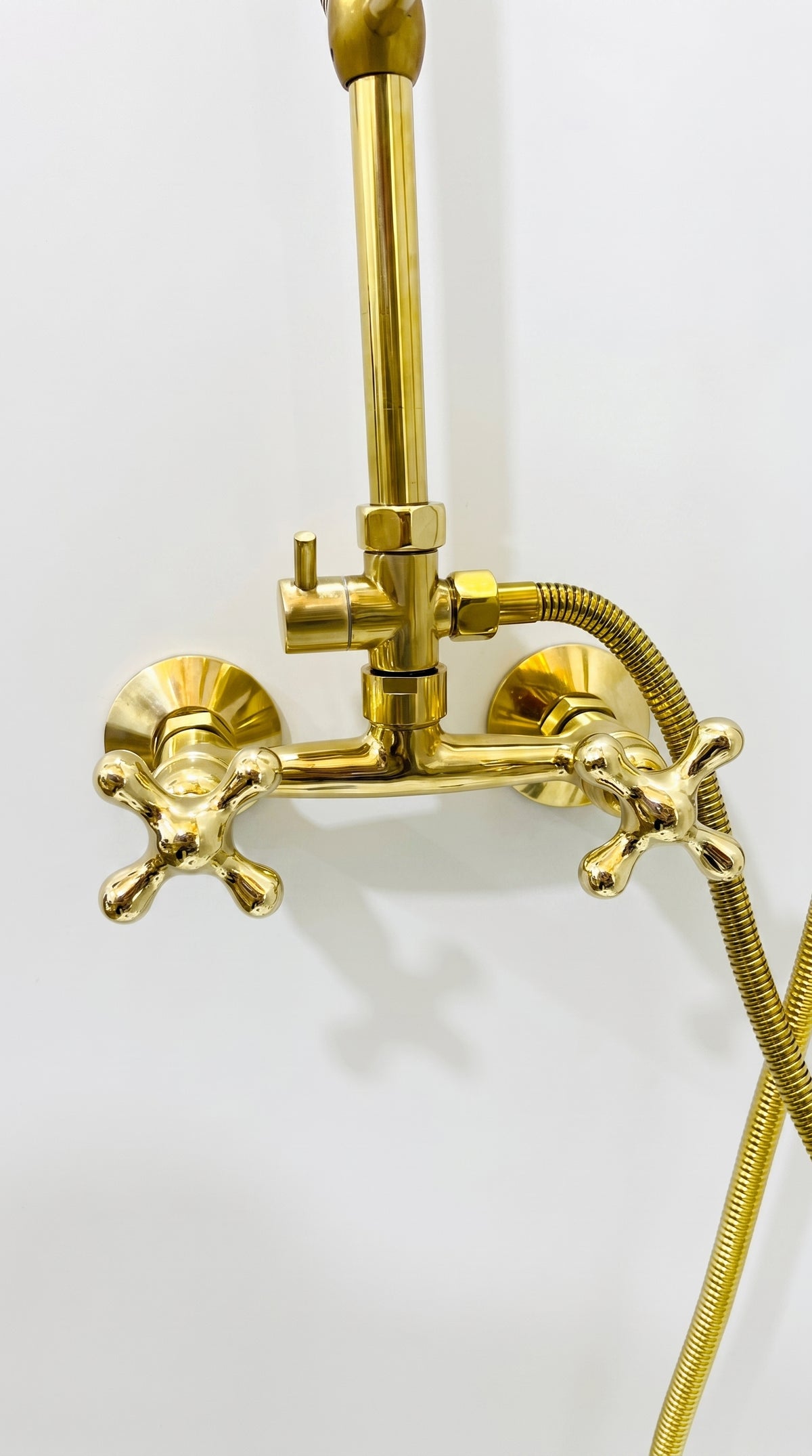 Unlacquered Brass Shower System With Rain Shower Head and Handheld.