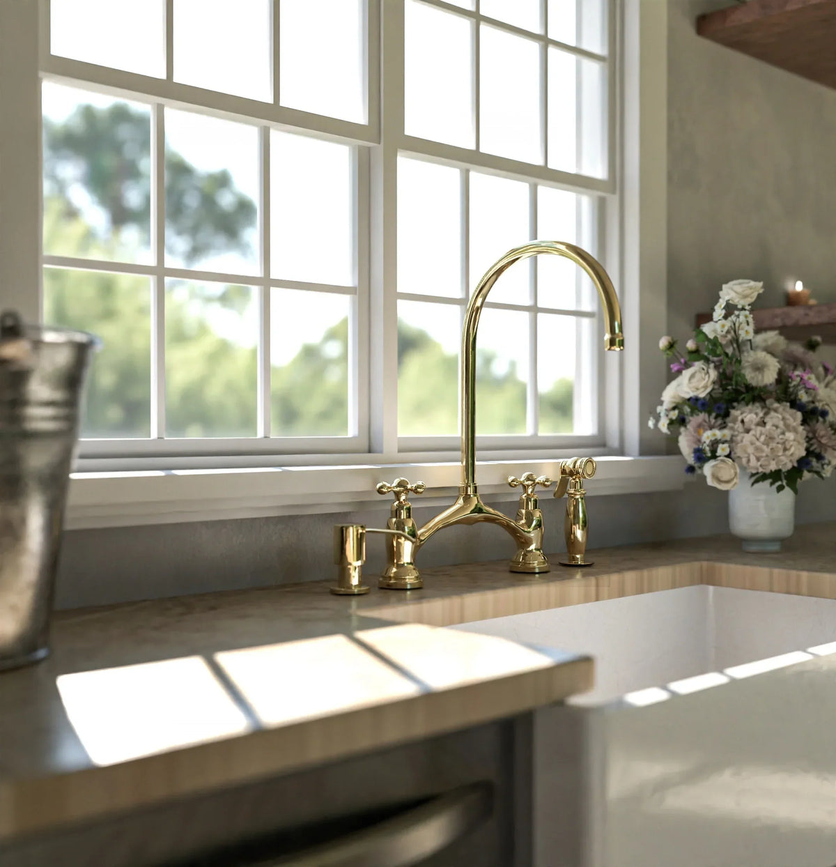 Brass V-Style Bridge Kitchen Faucet, Arched Brass Tap